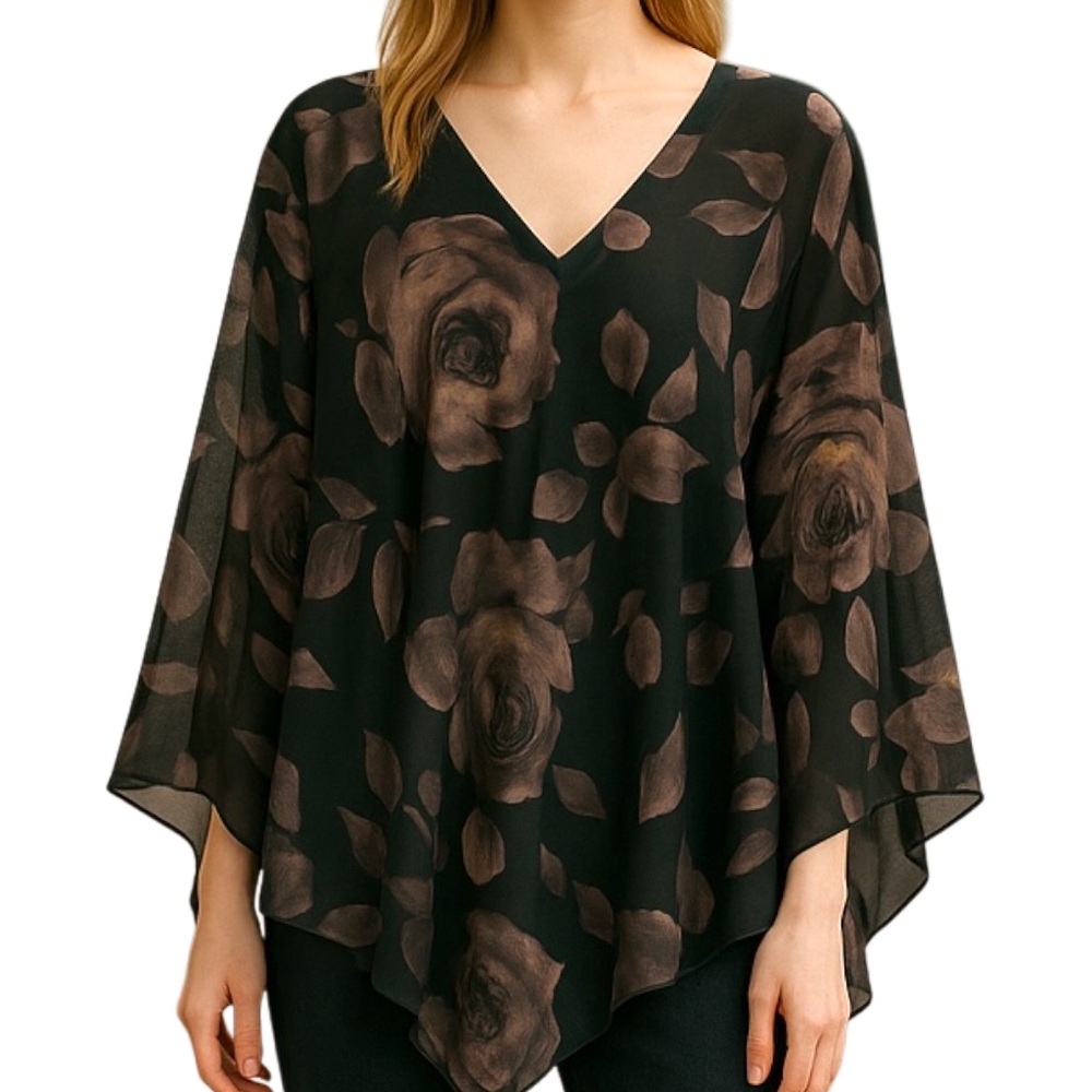 VINTAGE PONCHO SHRUG Cottagecore Sheer Lightweight  Black Purple Flower Detail